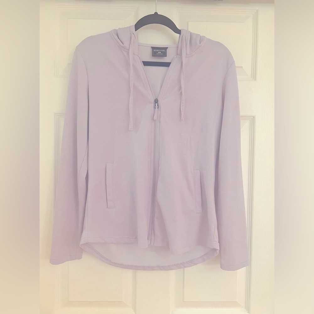 Lightweight lavender jacket with hood and pockets.